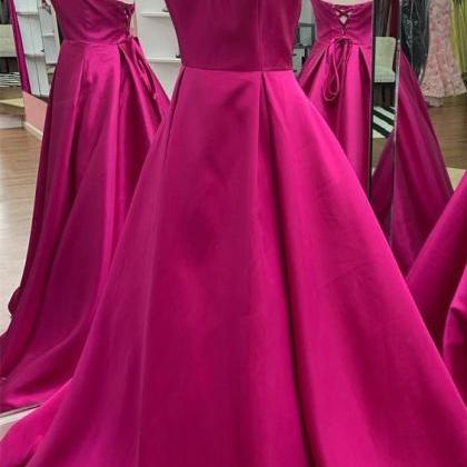 Elegant Column Square Sleeveless Rhinestone Satin Fuchsia Long Prom Dress