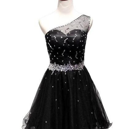 One Shoulder Black Homecoming Party Dress With..