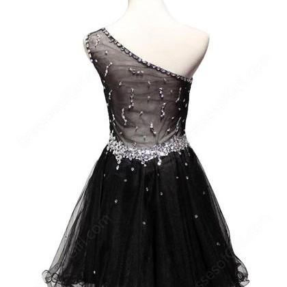 One Shoulder Black Homecoming Party Dress With..
