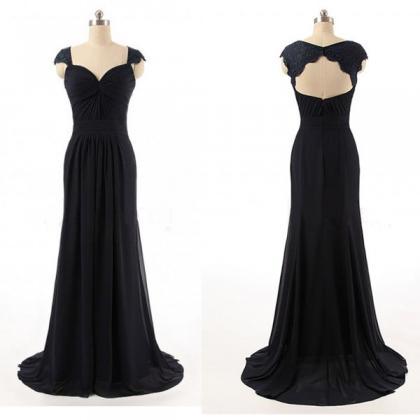 Cap Sleeves Navy Long Formal Occasion Dress With..