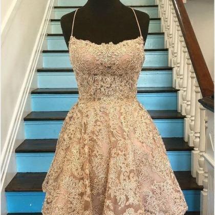 Scoop Neck Gold Lace Hoco Party Dress Backless..