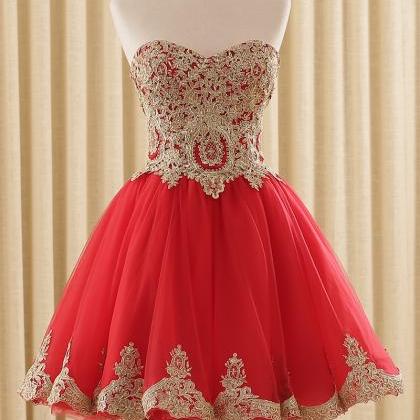 Sleeveless Red Hoco Party Dress With Gold..