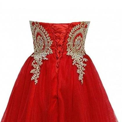 Sleeveless Red Hoco Party Dress With Gold..