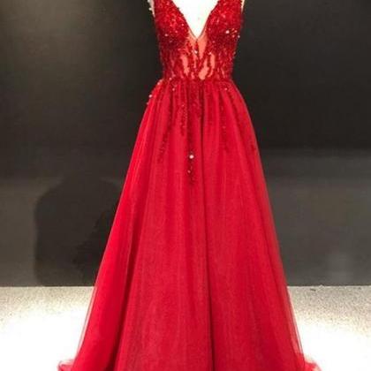 V Neck Red Prom Dress With Open B Back