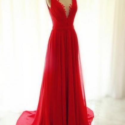 Sheer V Neck Red Chiffon Evening Gown Prom Dress..