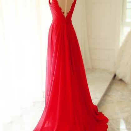 Sheer V Neck Red Chiffon Evening Gown Prom Dress..