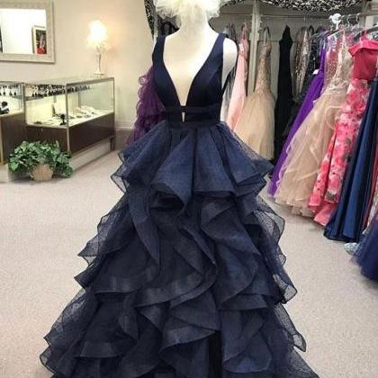 Pearled Plunging Neck Navy Prom Dress