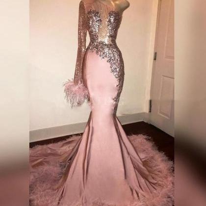 One Shoulder Prom Dress With Feather