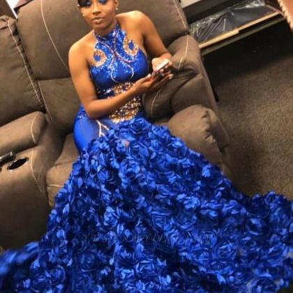 High Neck Royal Blue Mermaid Prom Dresses With..