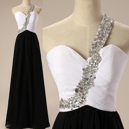 One Shoulder Black White Evening Gown Formal Dress