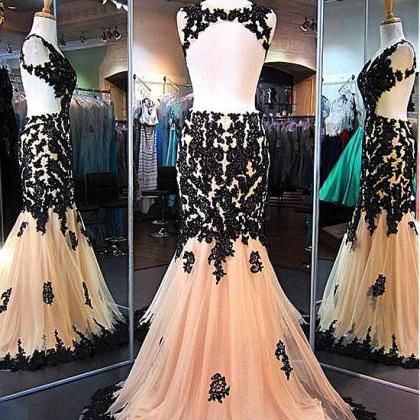 Open Back Appliqued Prom Dress