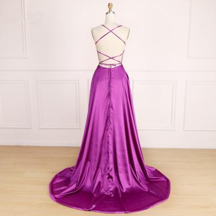 Backless Purple Prom Dress With Tie String Back