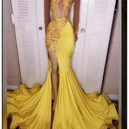 High Neck Sheer Long Sleeves Yellow Prom Dress..
