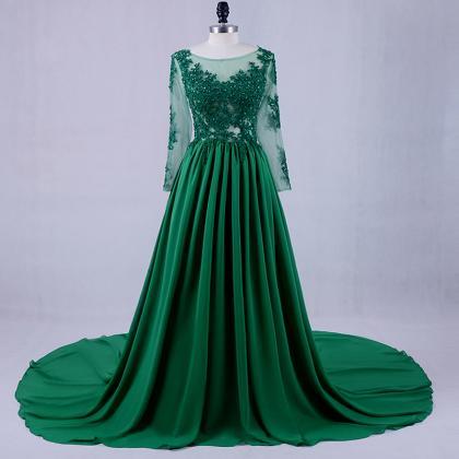 Long Sleeves Princess Green Evening Gowns Formal..