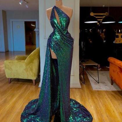 One Shoulder Dark Green Sequin Evening Gown With..