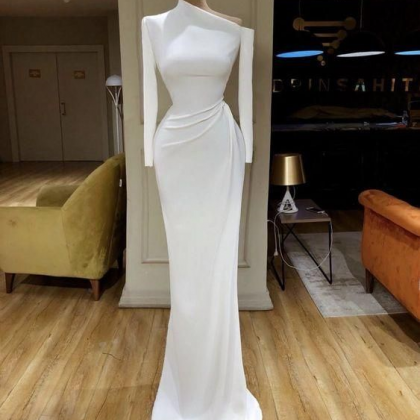 Asymmetric Neck Long Sleeves Evening Gown