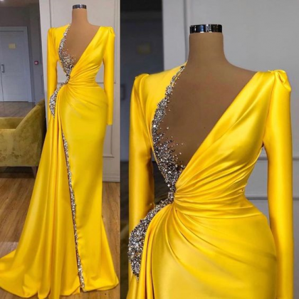 Long Sleeves Bright Yellow Pageant Dress Evening..
