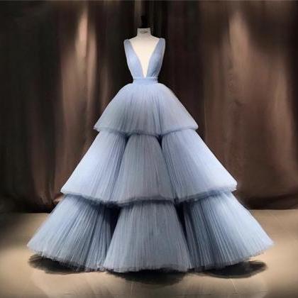 Dusty Blue Tiered Pleated Evening Gown