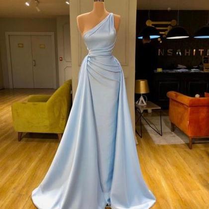 One Shoulder Blue Evening Gown Pageant Dress