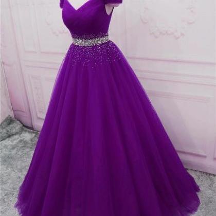 Purple Evening Gown With Beads Long Pageant Dress