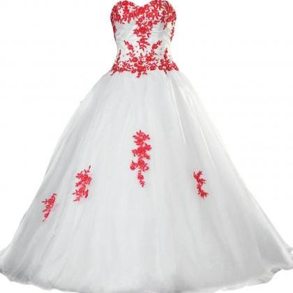 Sleeveless White Wedding Dresses Wth Red Appliques