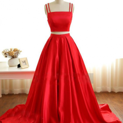 Two Pieces Red Satin Prom Dress