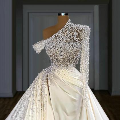 One Shoulder Ivory Pearled Evening Gowns Pageant..