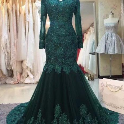 Emerald Green Evening Gowns Long Sleeves Formal..