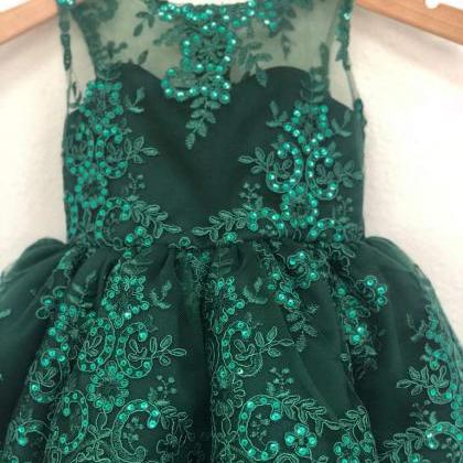 Dark Green Girl Dress With Bow