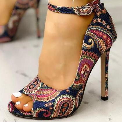 Print Pattern Peep Toe Stiletto Sandals Women..