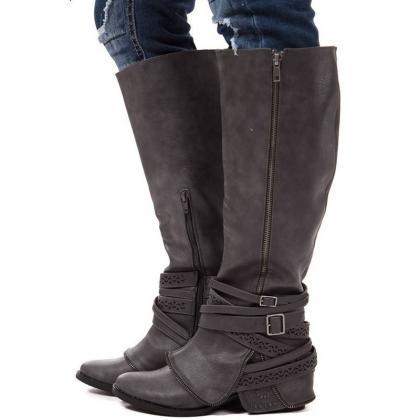 Side Zipper Pu Leather Women Winter Boots Shoes