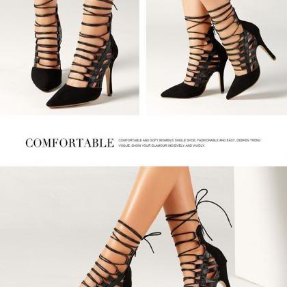 Women Lace-up Black Sandals Heels Shoes