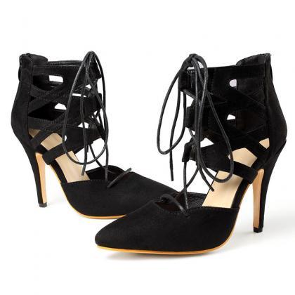 Point Toe Stiletto Heeled Black Strappy Sandals..