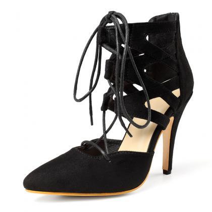 Point Toe Stiletto Heeled Black Strappy Sandals..