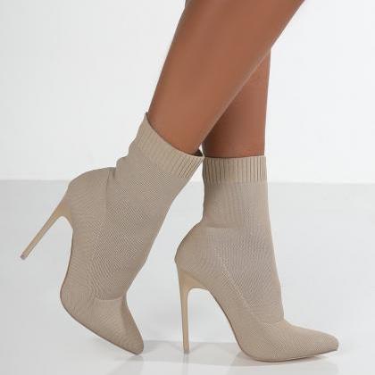 Knit Ankle Length Heeled Women Boots Shoes