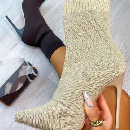 Knit Ankle Length Heeled Women Boots Shoes