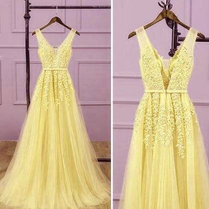 V Neck Long Evening Gowns Yellow Formal Occasion..