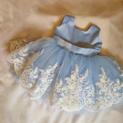 Blue Infant Baby Girl Dress With Ivory Lace
