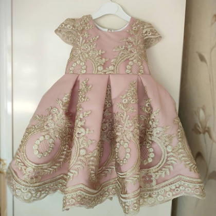 Appliqued Toddler Baby Girl Dress With Gold Lace
