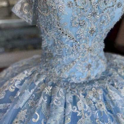 Dusty Blue V-Neck Ball Gown Quinceanera Dress