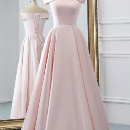 A-Line Off Shoulder Bow Knots Pink Satin Prom Dress WU1471