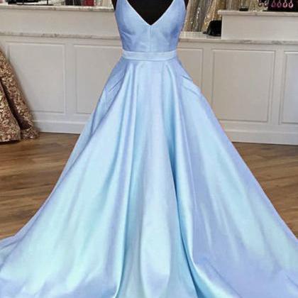 V Neck Blue Simple Prom Dresses With Pockets Long..