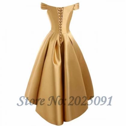 Off The Shoulder Gold High Low Party Dress Semi..