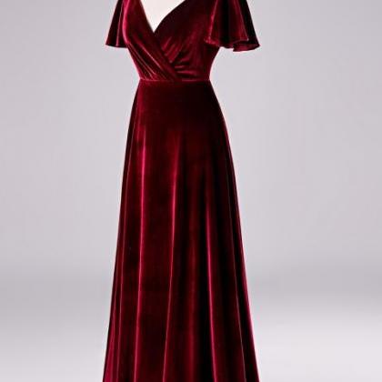 Wrap Sleeves Burgundy Velvet Prom Dress Long..