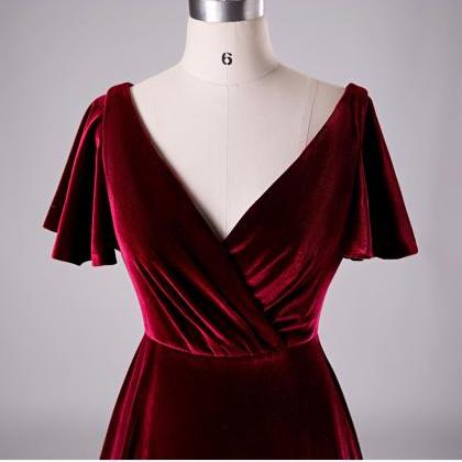 Wrap Sleeves Burgundy Velvet Prom Dress Long..