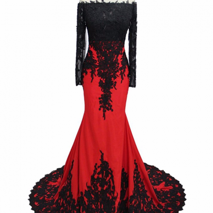 Long Sleeves Sheer Neck Red Formal Occasion Dresses With Black Lace on ...