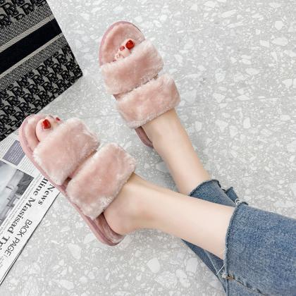Open Toe Two Band Fluffy Home Slippers For Women..