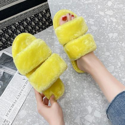 Open Toe Two Band Fluffy Home Slippers For Women..