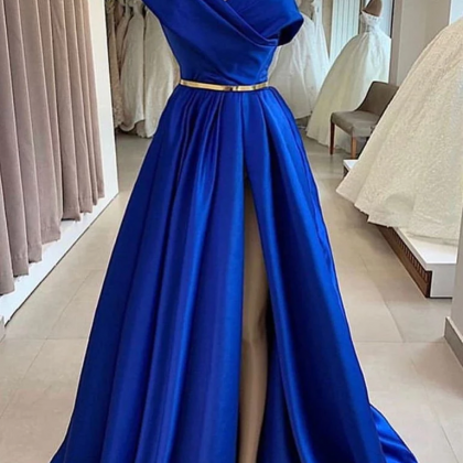 Royal Blue Long Evening Dresses With Slit Formal..