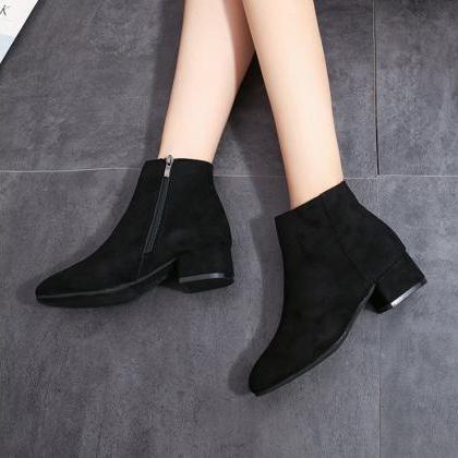 Black Side Zip Suede Boots Winter Shoes